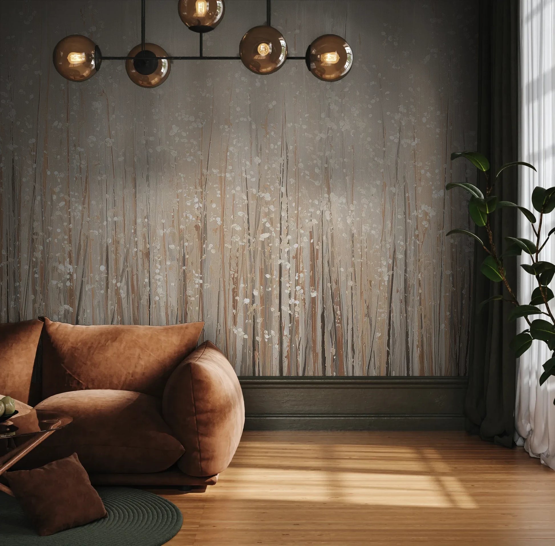 Fototapeta GOLDEN WHISPERS - tapeta z delikatnymi źdźbłami traw w beżowej tonacji pokazana w aranżacji wnętrza z akcentem na ścianie.