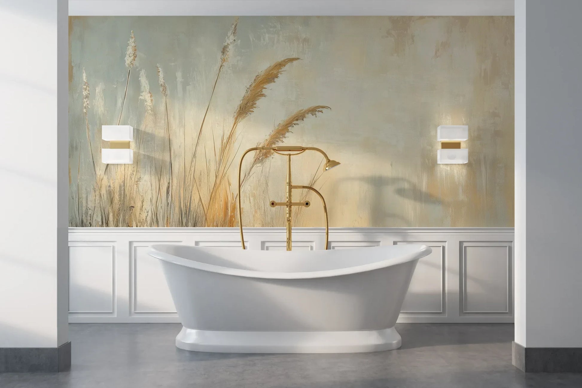Wzór fototapety SUNLIT GRASS - tapeta z trawami w złocistej poświacie pokazanej w aranżacji łazienki.