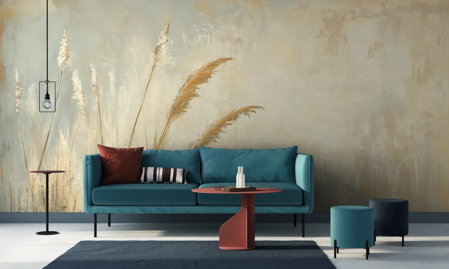 Wzór fototapety SUNLIT GRASS - tapeta z trawami w złocistej poświacie pokazanej w aranżacji salonu.