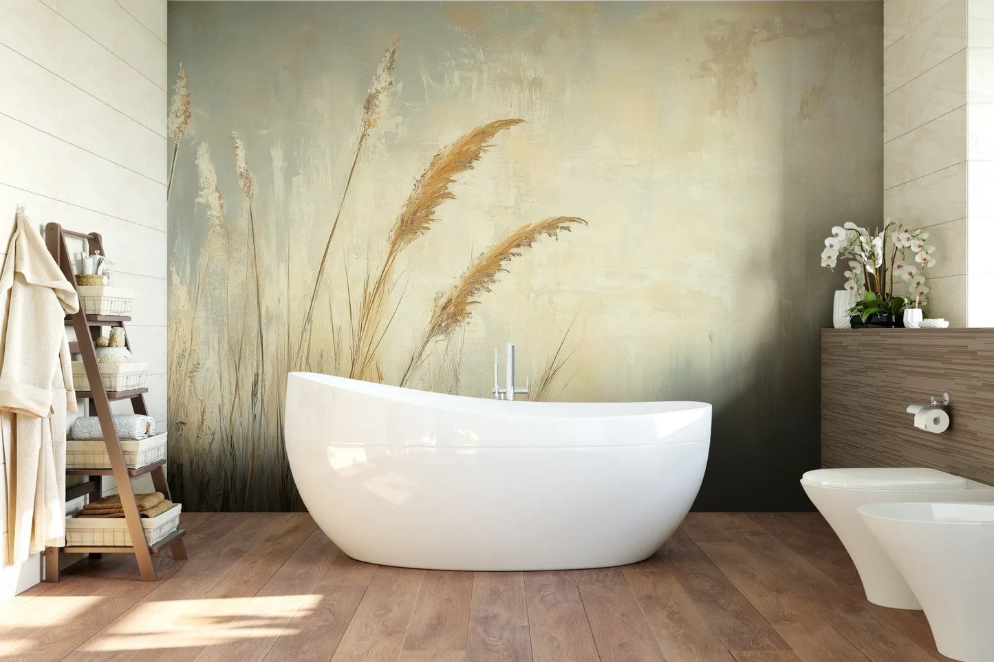 Wzór fototapety SUNLIT GRASS - tapeta z trawami w złocistej poświacie pokazanej w aranżacji łazienki.