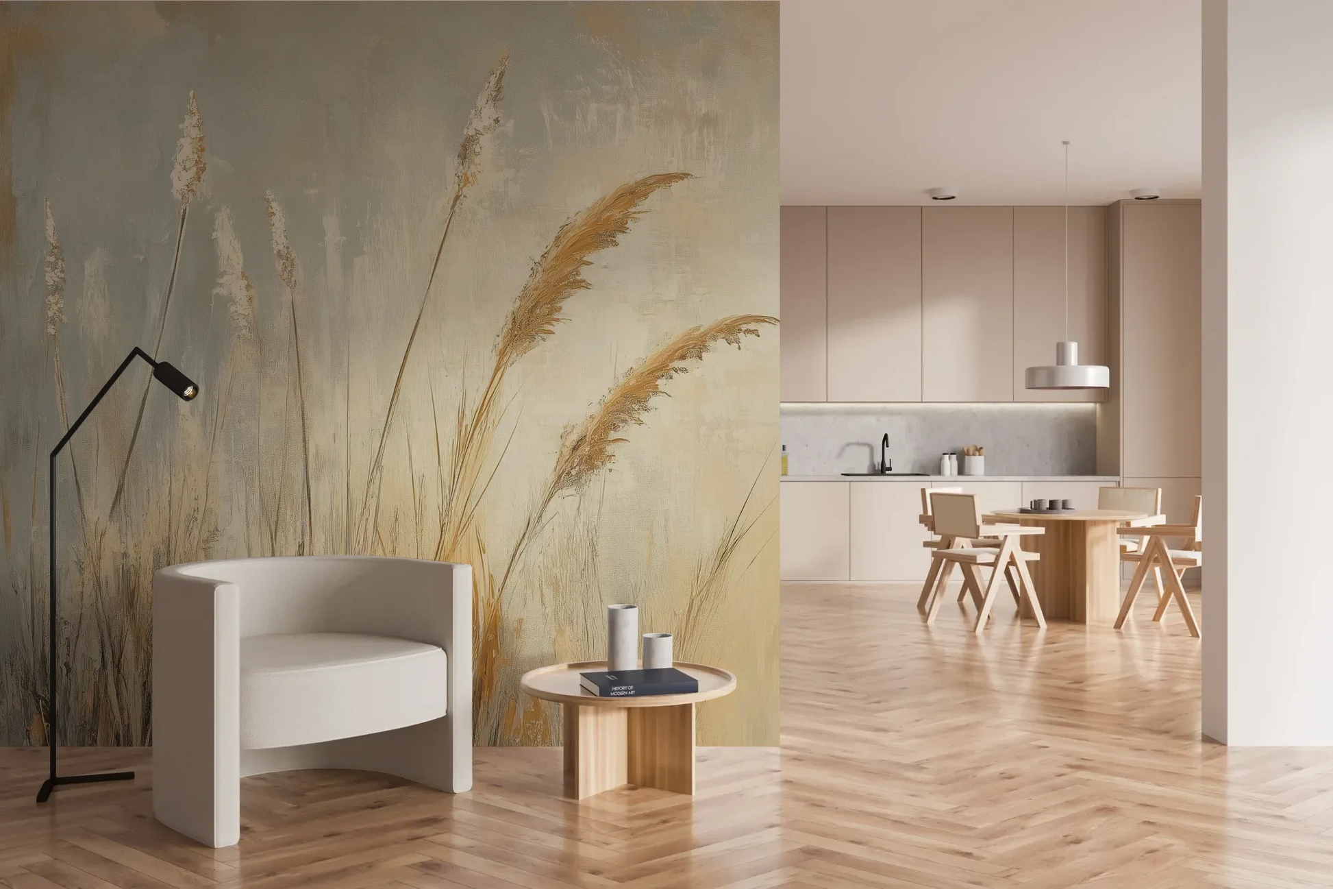 Wzór fototapety SUNLIT GRASS - tapeta z trawami w złocistej poświacie pokazanej w aranżacji kuchni.