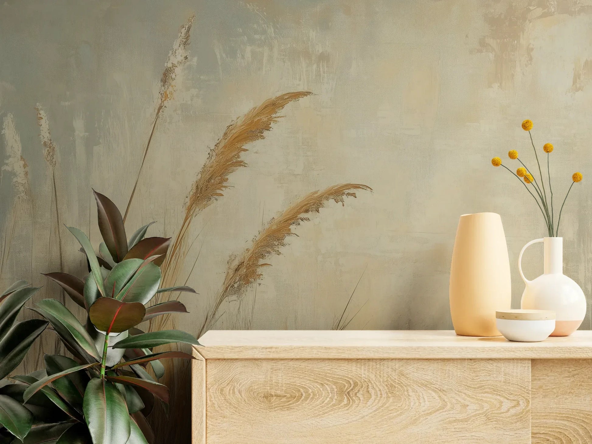 Fototapeta SUNLIT GRASS - tapeta z trawami w złocistej poświacie pokazana w aranżacji wnętrza z akcentem na ścianie.