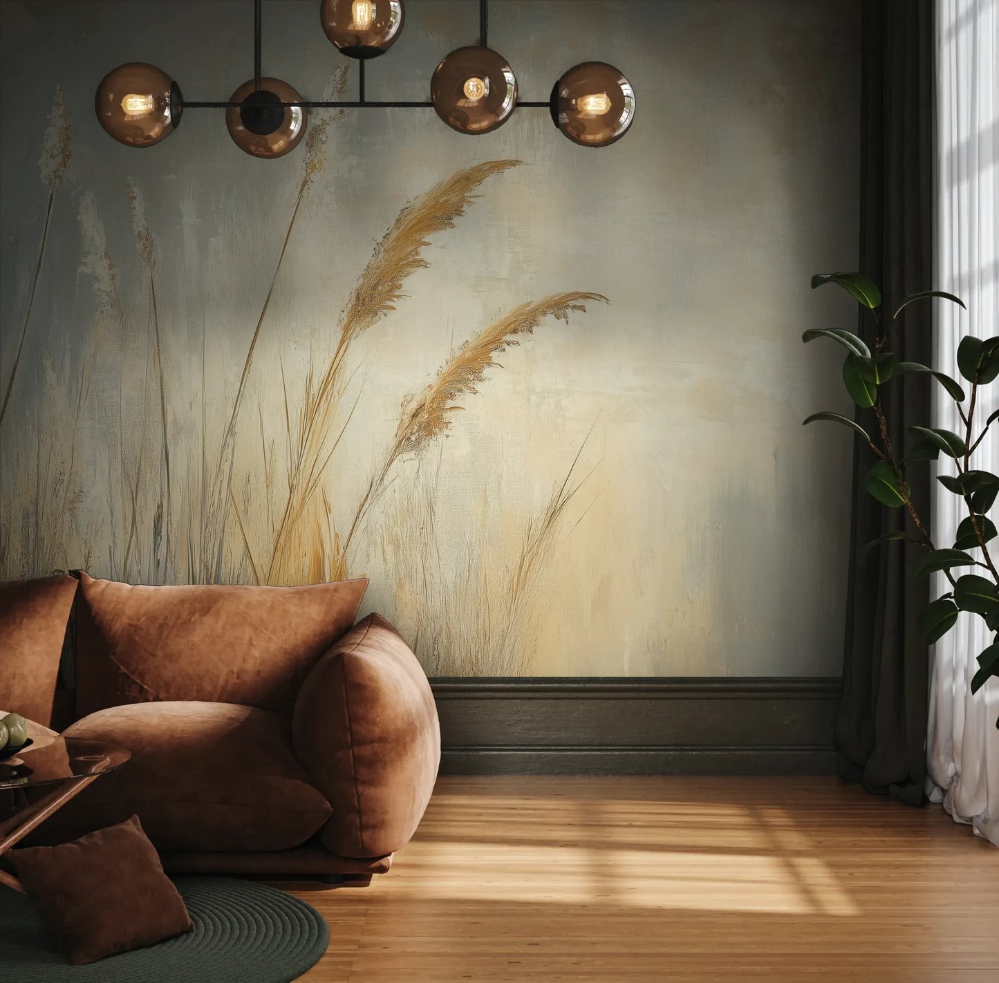 Fototapeta SUNLIT GRASS - tapeta z trawami w złocistej poświacie pokazana w aranżacji wnętrza z akcentem na ścianie.