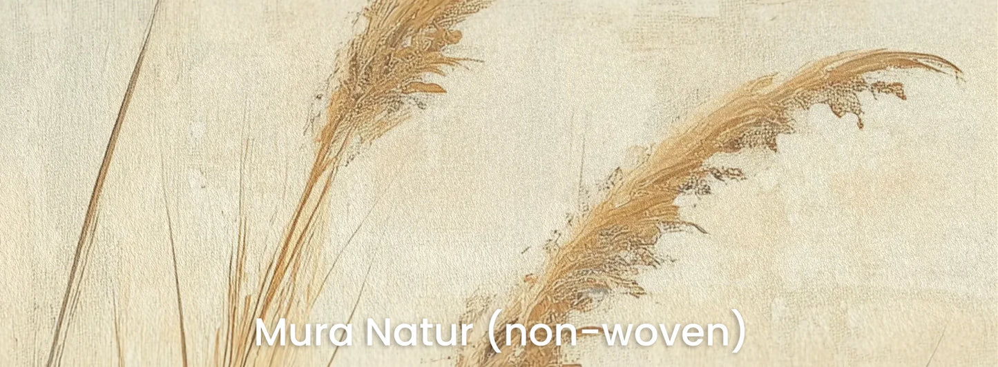 Zbliżenie na fototapetę SUNLIT GRASS - tapeta z trawami w złocistej poświacie na naturalnym podłożu ekologicznym.