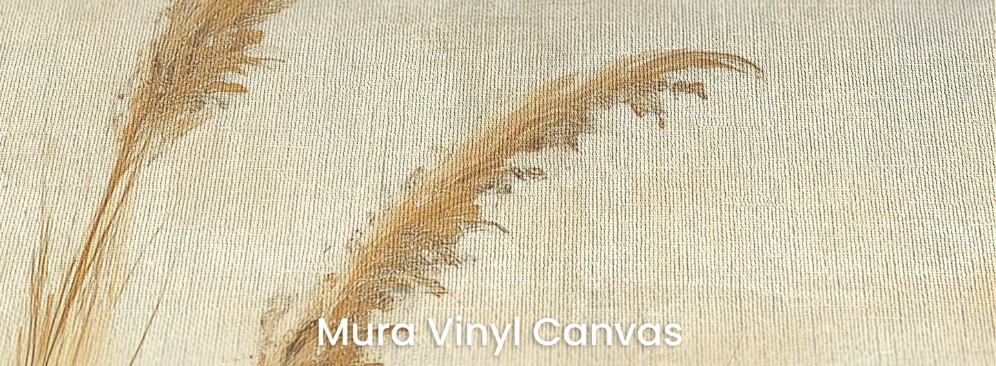 Zbliżenie na fototapetę SUNLIT GRASS - tapeta z trawami w złocistej poświacie na podłożu o fakturze płótna.