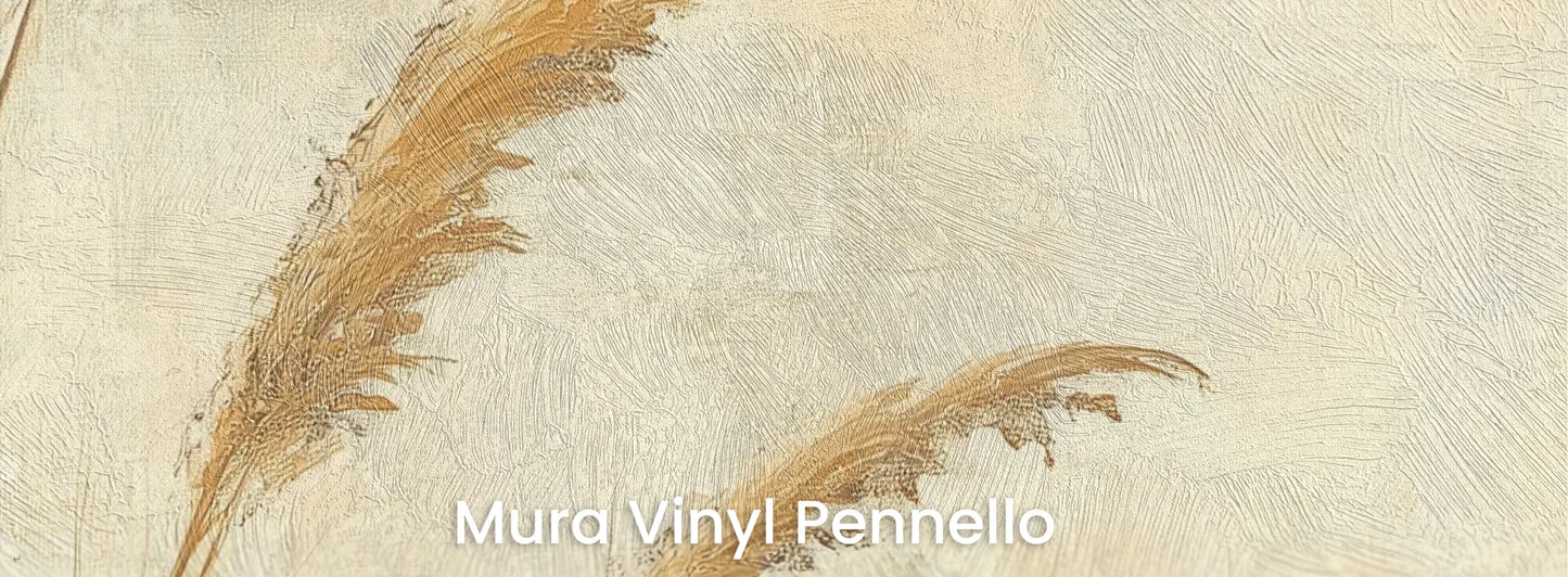 Zbliżenie na fototapetę SUNLIT GRASS - tapeta z trawami w złocistej poświacie na podłożu o fakturze pociągnięć pędzla.