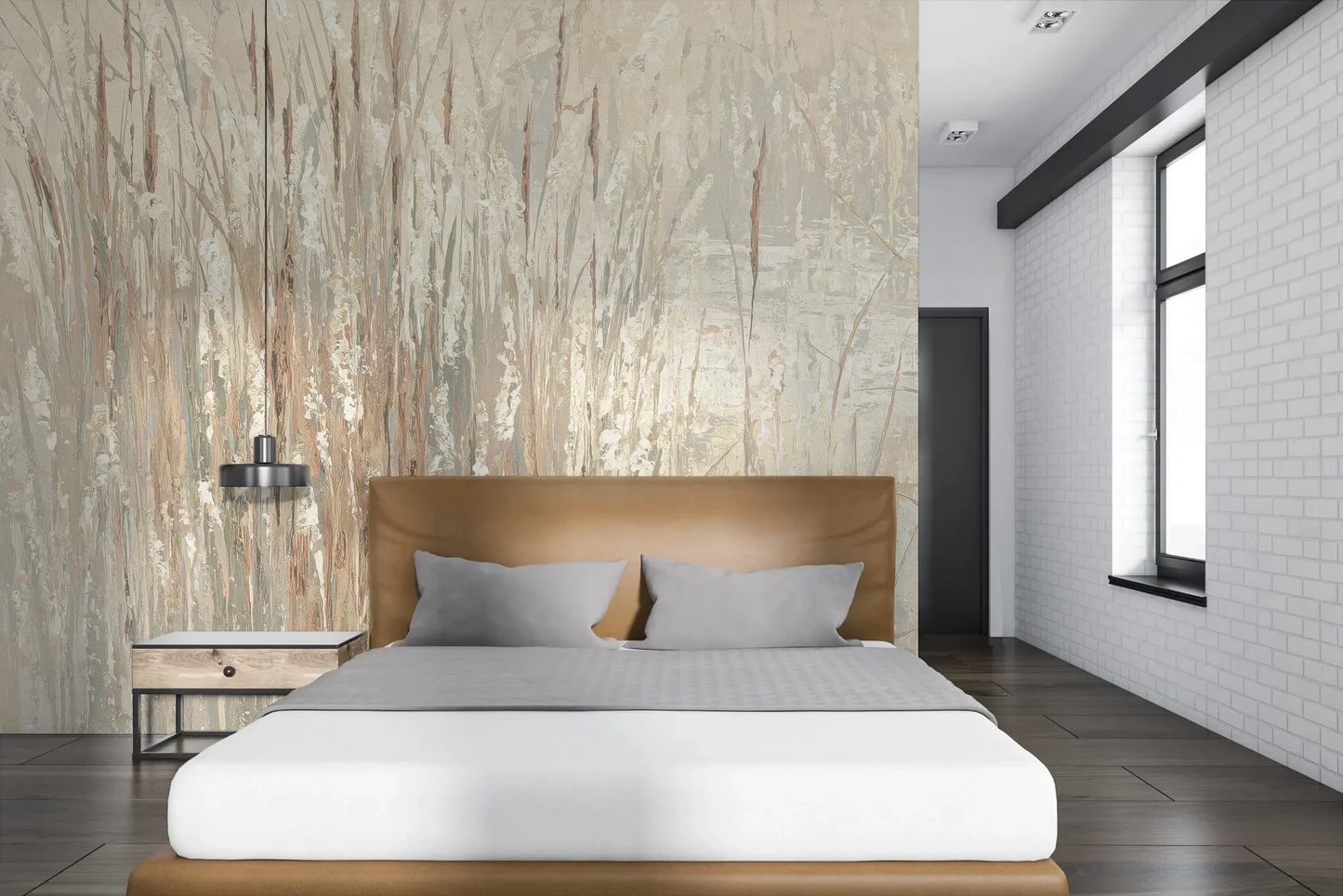 Wzór fototapety FROSTED CANVAS - tapeta z delikatną abstrakcją traw pokazanej w aranżacji sypialni.