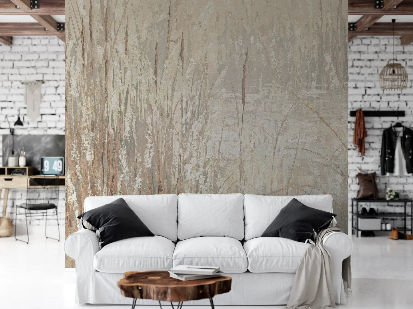 Wzór fototapety FROSTED CANVAS - tapeta z delikatną abstrakcją traw pokazanej w aranżacji salonu.