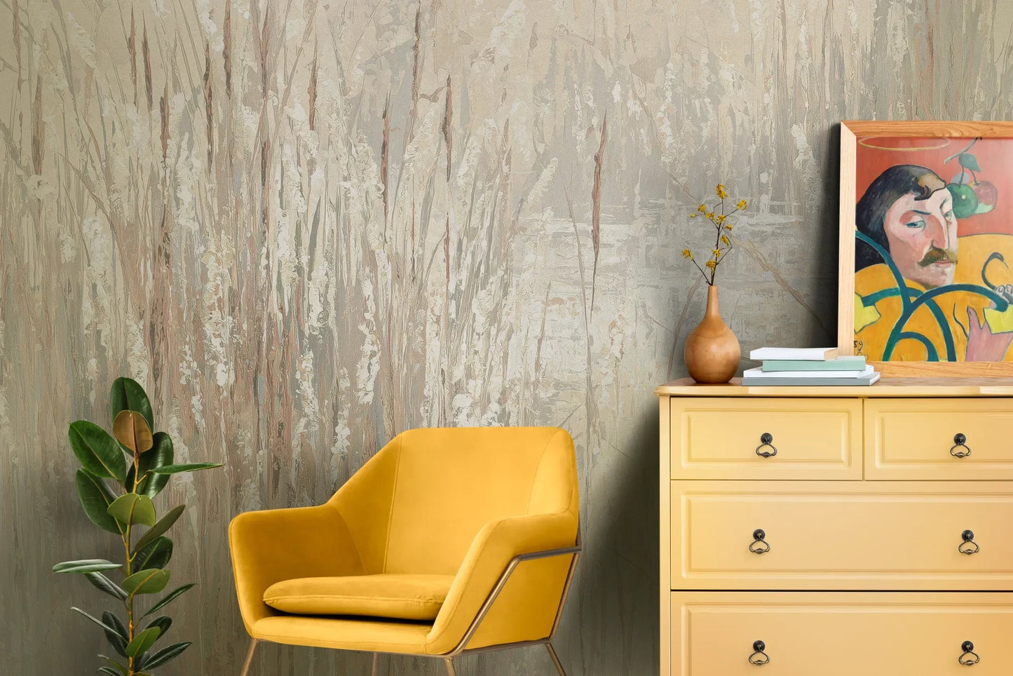 Wzór fototapety FROSTED CANVAS - tapeta z delikatną abstrakcją traw pokazanej w aranżacji salonu.