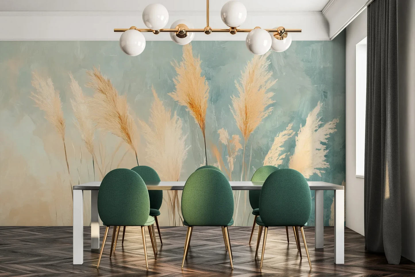 Fototapeta DESERT PLUMES - tapeta z delikatnymi trzcinami w pastelowych odcieniach pokazana w aranżacji jadalni.