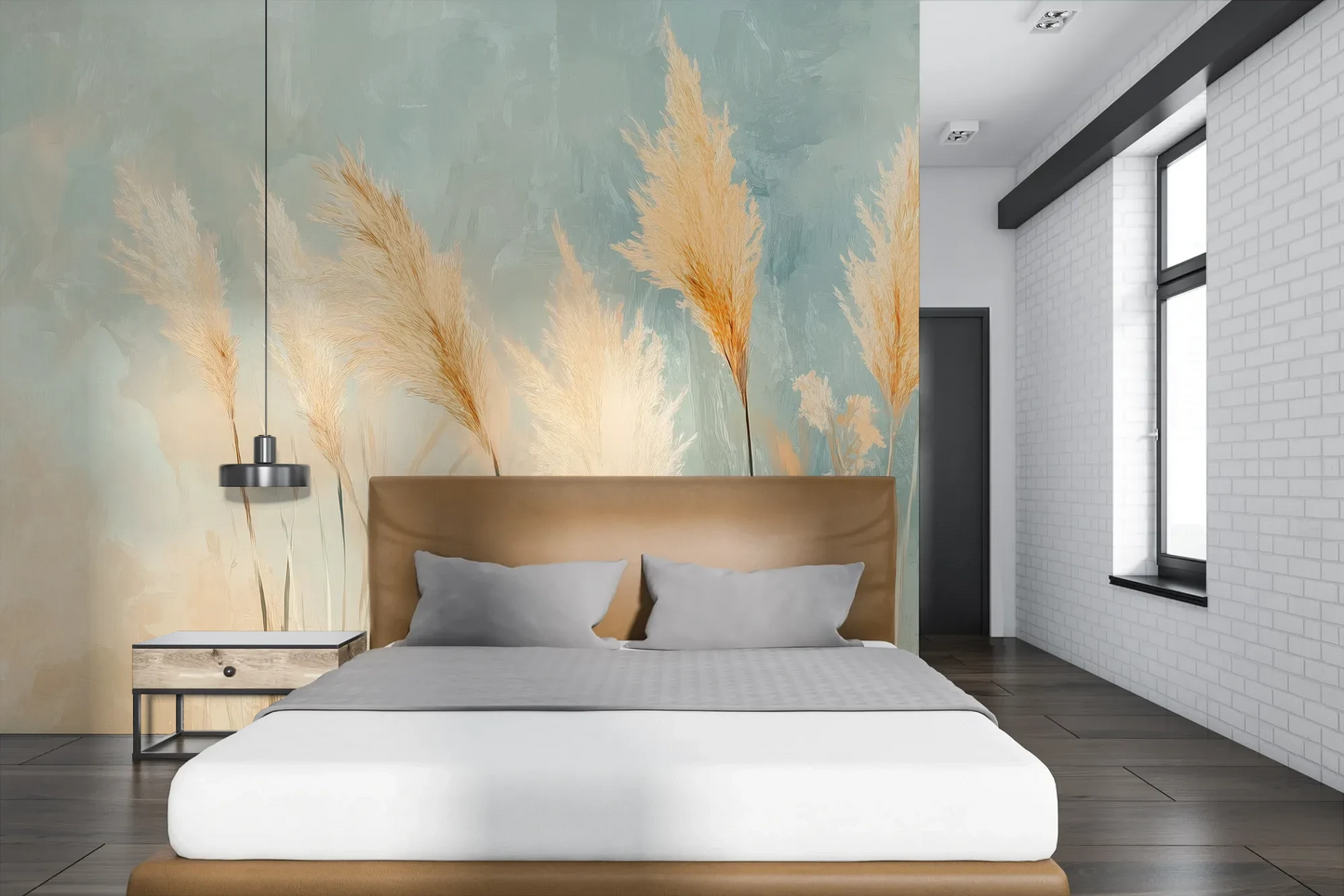 Wzór fototapety DESERT PLUMES - tapeta z delikatnymi trzcinami w pastelowych odcieniach pokazanej w aranżacji sypialni.