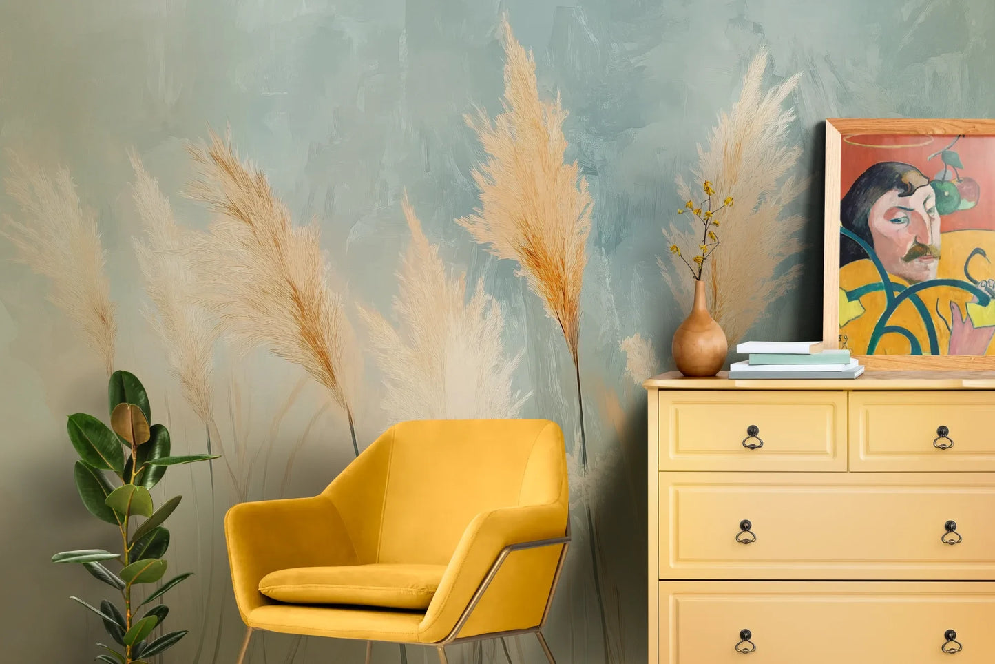 Wzór fototapety DESERT PLUMES - tapeta z delikatnymi trzcinami w pastelowych odcieniach pokazanej w aranżacji salonu.