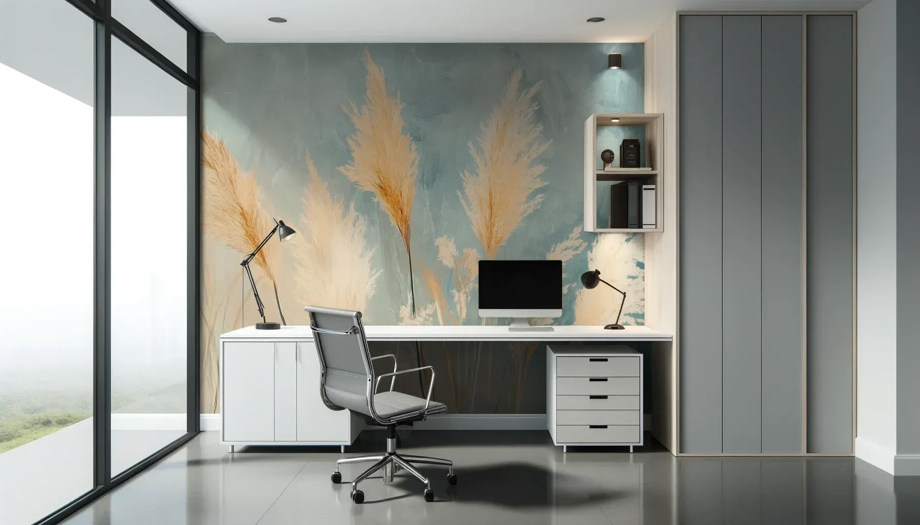 Fototapeta DESERT PLUMES - tapeta z delikatnymi trzcinami w pastelowych odcieniach pokazana w aranżacji biura.