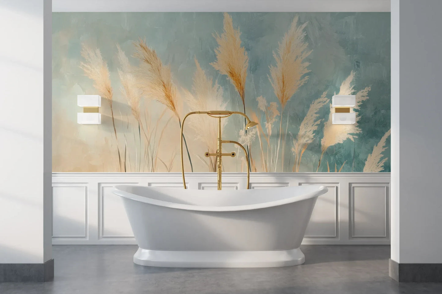 Wzór fototapety DESERT PLUMES - tapeta z delikatnymi trzcinami w pastelowych odcieniach pokazanej w aranżacji łazienki.