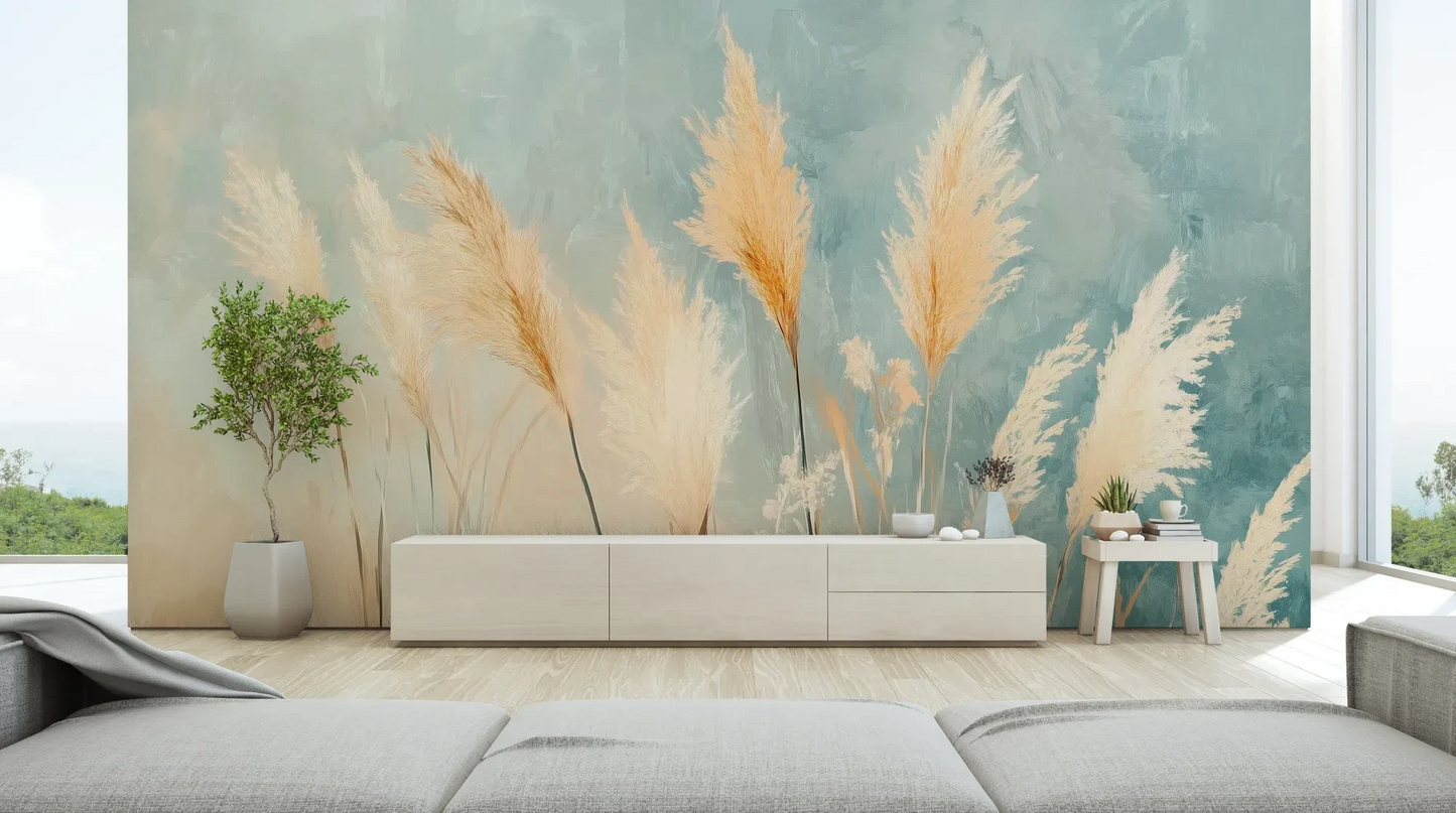 Wzór fototapety DESERT PLUMES - tapeta z delikatnymi trzcinami w pastelowych odcieniach pokazanej w aranżacji salonu.