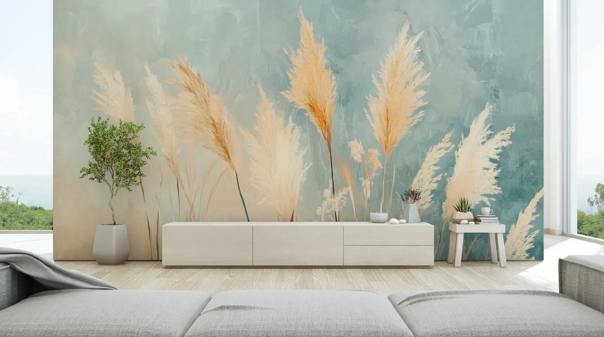 Wzór fototapety DESERT PLUMES - tapeta z delikatnymi trzcinami w pastelowych odcieniach pokazanej w aranżacji salonu.