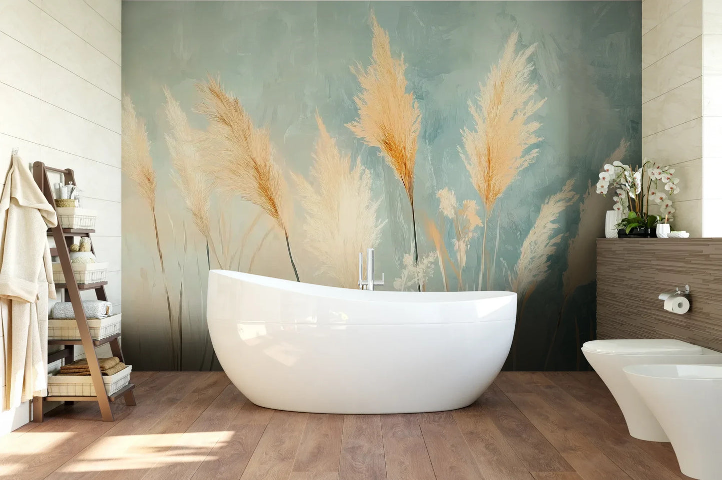 Wzór fototapety DESERT PLUMES - tapeta z delikatnymi trzcinami w pastelowych odcieniach pokazanej w aranżacji łazienki.