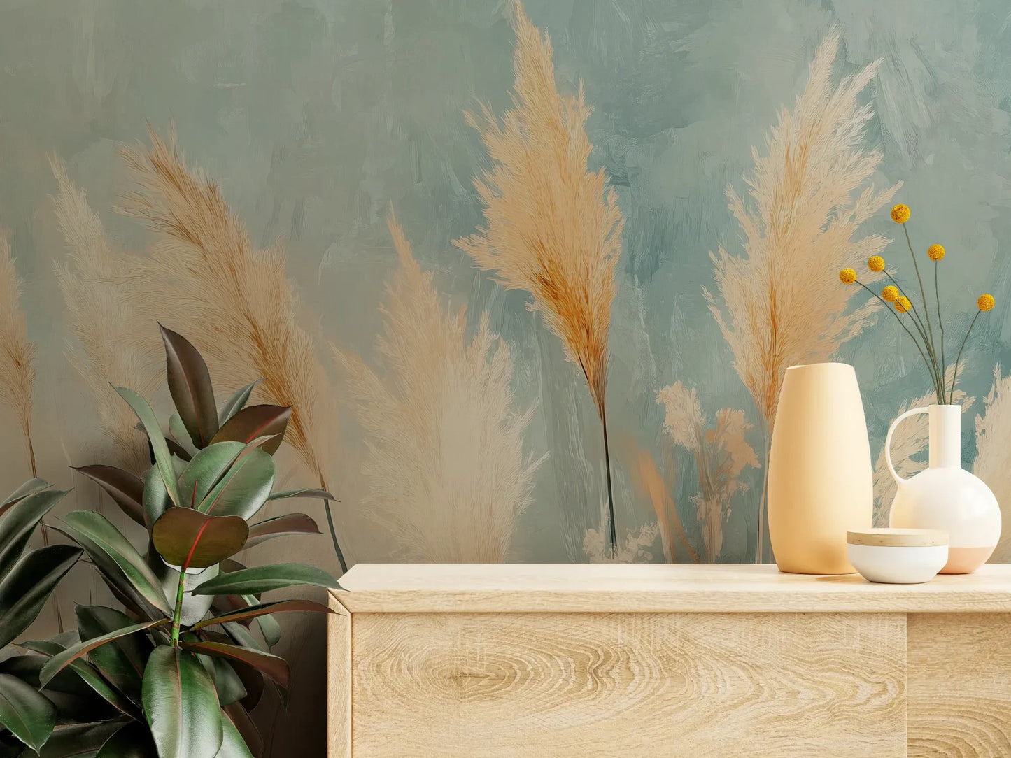 Fototapeta DESERT PLUMES - tapeta z delikatnymi trzcinami w pastelowych odcieniach pokazana w aranżacji wnętrza z akcentem na ścianie.