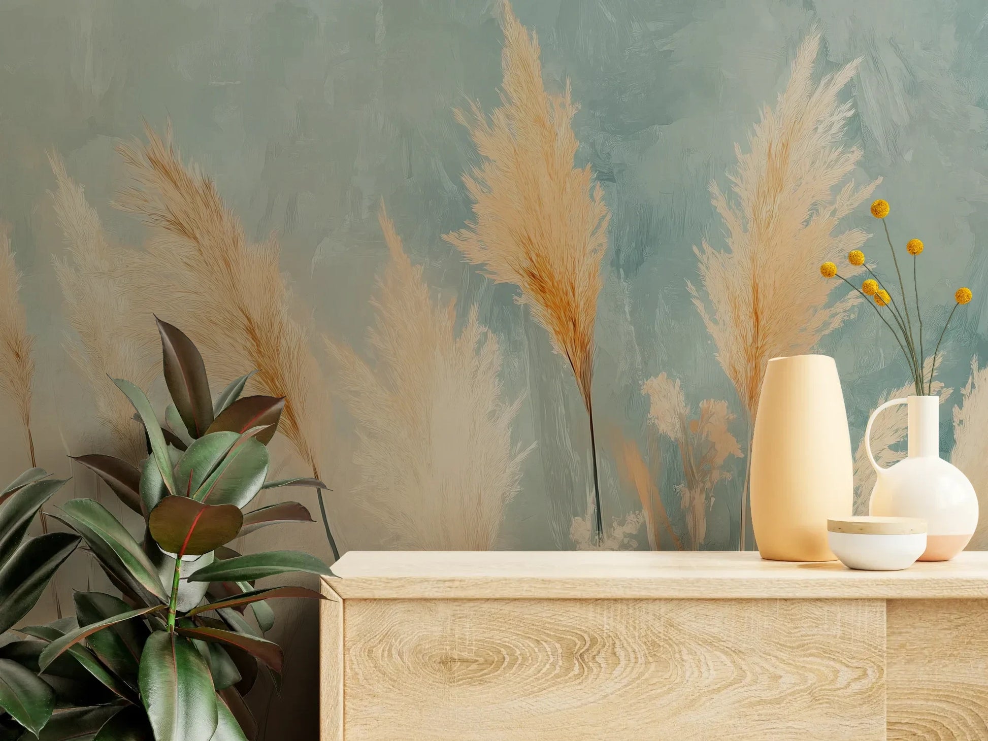 Fototapeta DESERT PLUMES - tapeta z delikatnymi trzcinami w pastelowych odcieniach pokazana w aranżacji wnętrza z akcentem na ścianie.