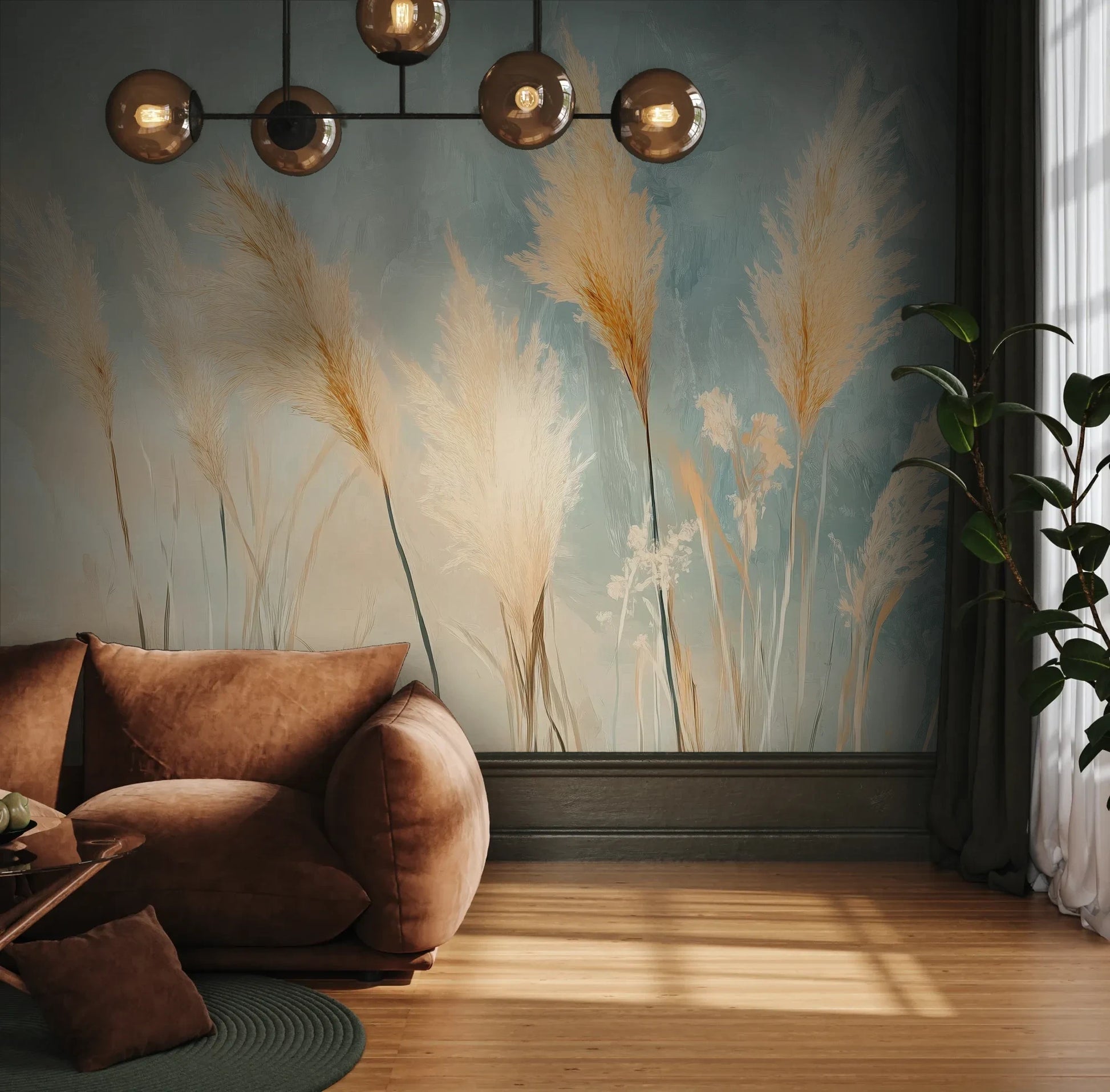 Fototapeta DESERT PLUMES - tapeta z delikatnymi trzcinami w pastelowych odcieniach pokazana w aranżacji wnętrza z akcentem na ścianie.