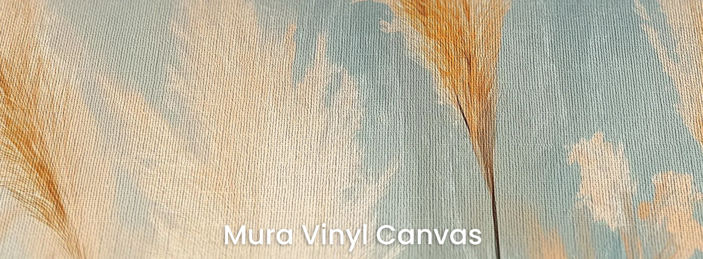 Zbliżenie na fototapetę DESERT PLUMES - tapeta z delikatnymi trzcinami w pastelowych odcieniach na podłożu o fakturze płótna.