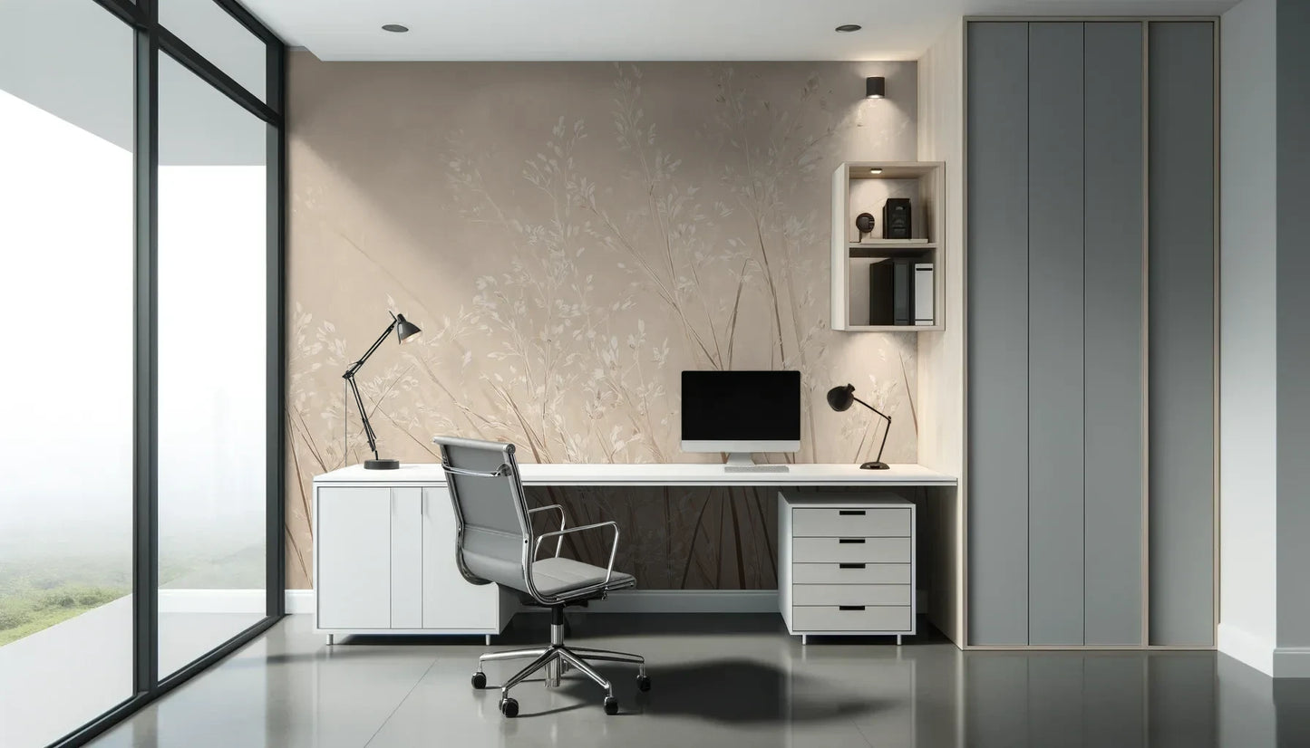 Fototapeta DUSTY ROMANCE - tapeta z delikatnymi trawami na beżowym tle pokazana w aranżacji biura.