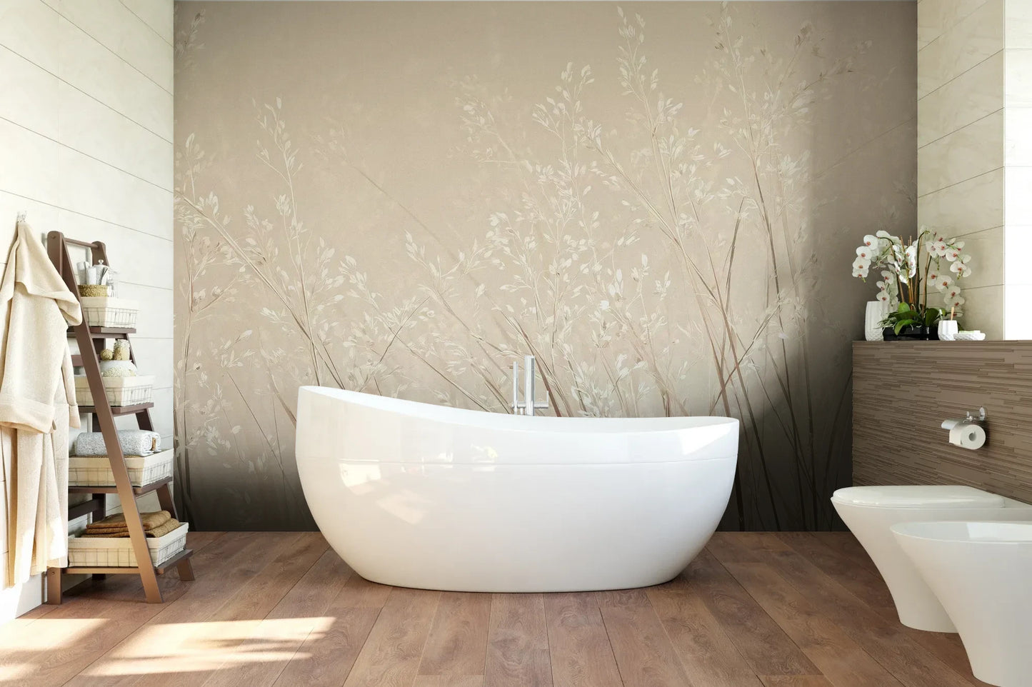 Wzór fototapety DUSTY ROMANCE - tapeta z delikatnymi trawami na beżowym tle pokazanej w aranżacji łazienki.