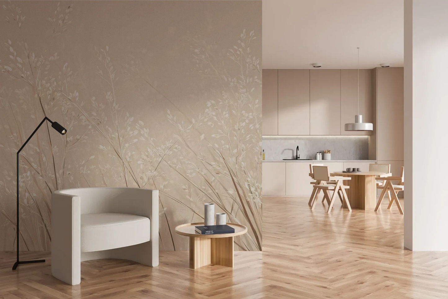 Wzór fototapety DUSTY ROMANCE - tapeta z delikatnymi trawami na beżowym tle pokazanej w aranżacji kuchni.