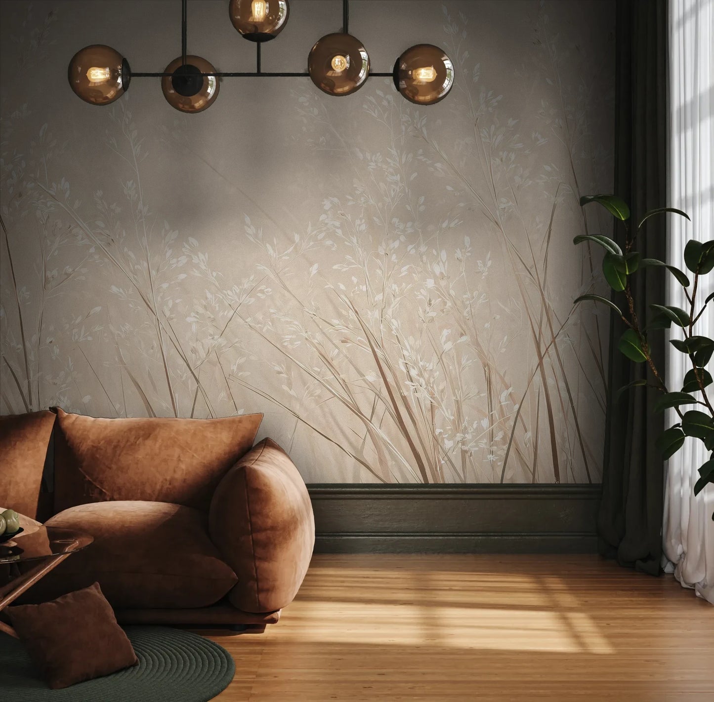 Fototapeta DUSTY ROMANCE - tapeta z delikatnymi trawami na beżowym tle pokazana w aranżacji wnętrza z akcentem na ścianie.