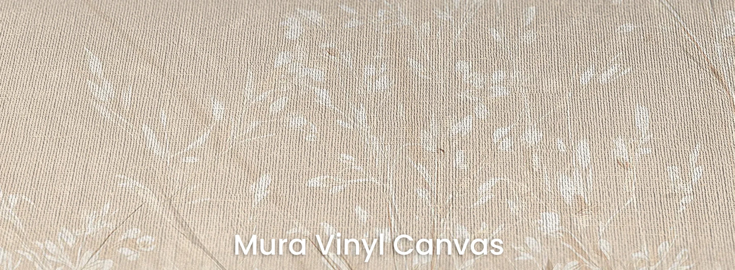 Zbliżenie na fototapetę DUSTY ROMANCE - tapeta z delikatnymi trawami na beżowym tle na podłożu o fakturze płótna.