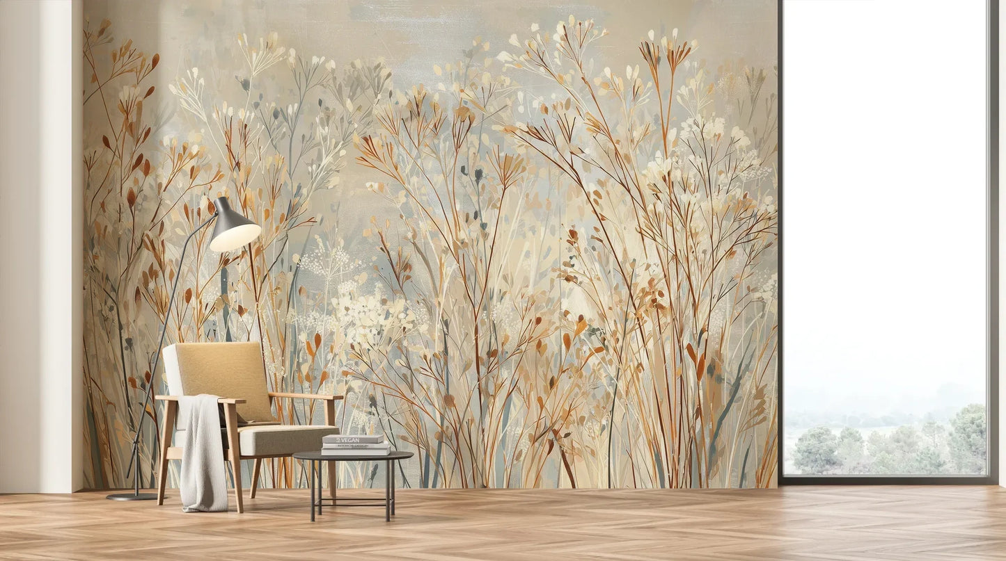 Wzór fototapety BLOSSOMING WHISPERS - tapeta z delikatnymi trawami w pastelowych odcieniach pokazanej w aranżacji salonu.