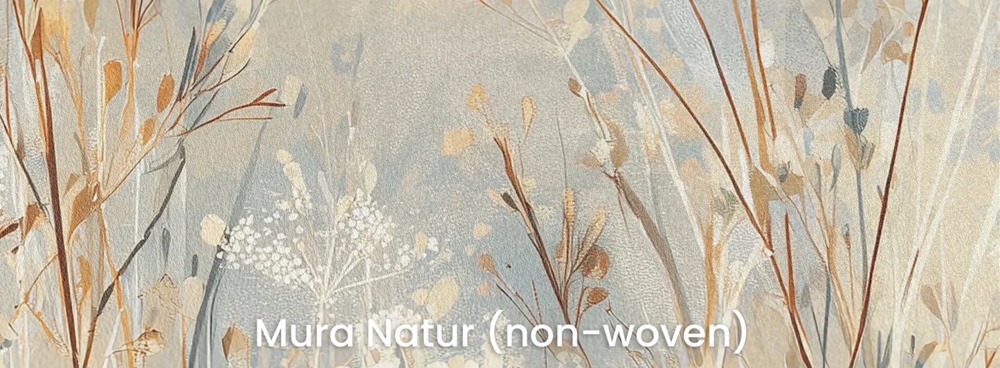 Zbliżenie na fototapetę BLOSSOMING WHISPERS - tapeta z delikatnymi trawami w pastelowych odcieniach na naturalnym podłożu ekologicznym.