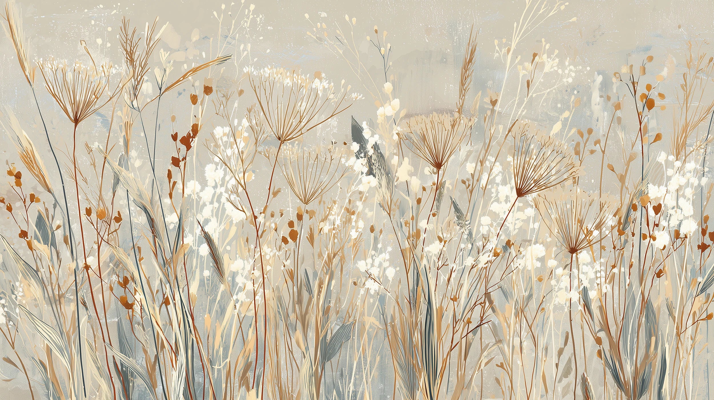 Mustervorschau: Prezentacja całego wzoru fototapety o nazwie SILK MEADOWS - tapeta z delikatnymi trawami w kremowej tonacji