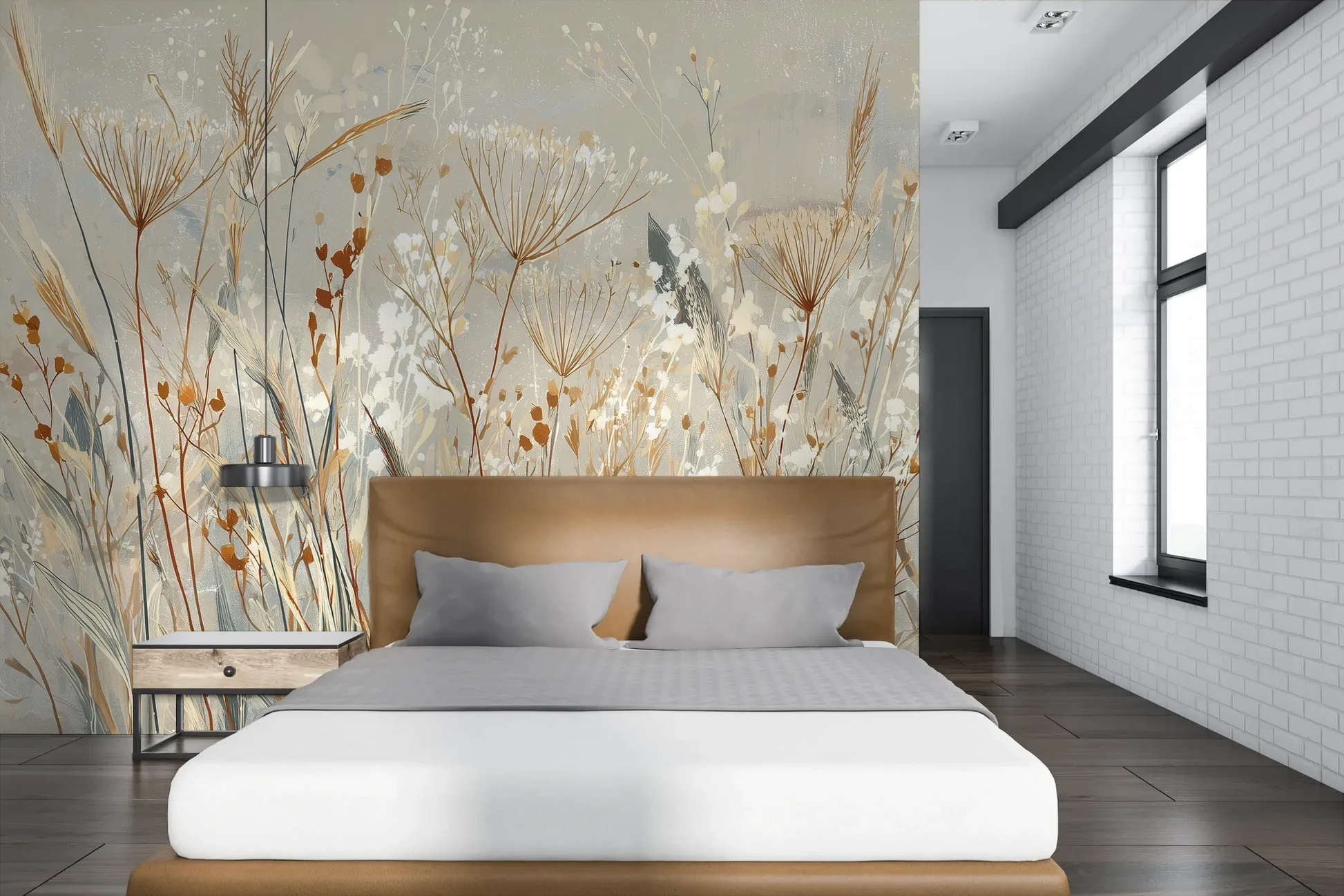 Wzór fototapety SILK MEADOWS - tapeta z delikatnymi trawami w kremowej tonacji pokazanej w aranżacji sypialni.