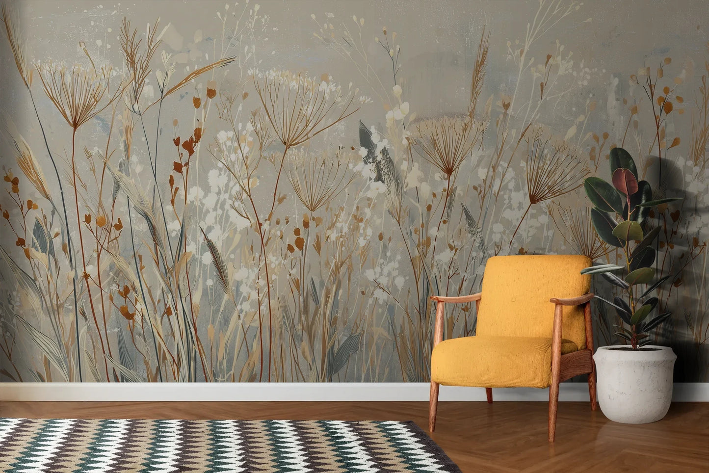 Wzór fototapety SILK MEADOWS - tapeta z delikatnymi trawami w kremowej tonacji pokazanej w aranżacji salonu.