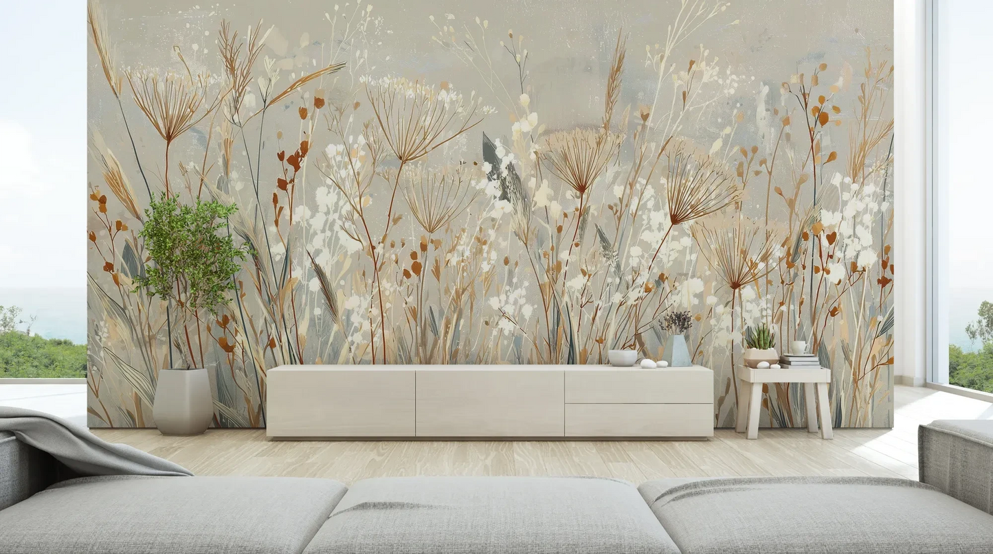 Wzór fototapety SILK MEADOWS - tapeta z delikatnymi trawami w kremowej tonacji pokazanej w aranżacji salonu.