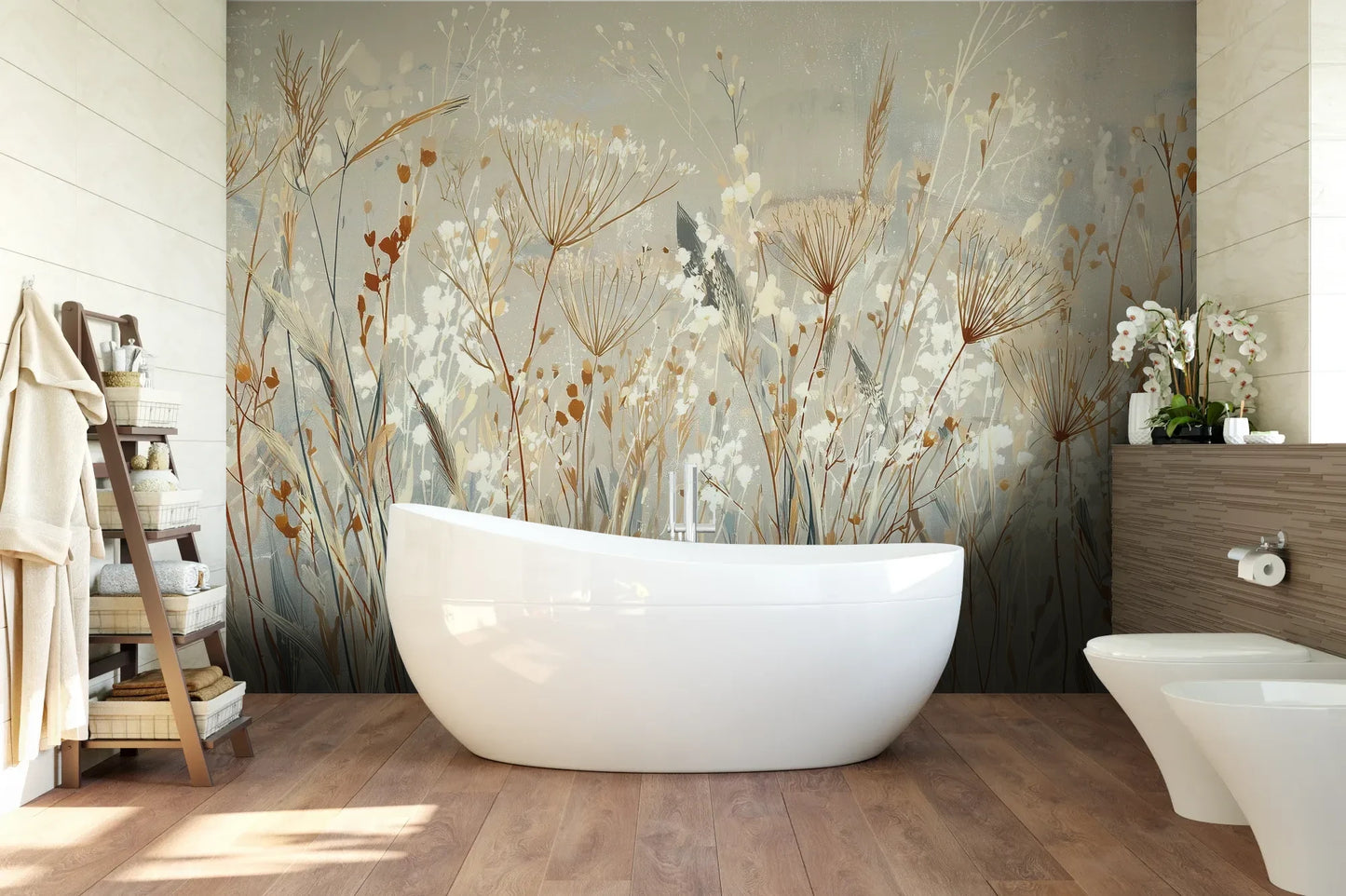 Wzór fototapety SILK MEADOWS - tapeta z delikatnymi trawami w kremowej tonacji pokazanej w aranżacji łazienki.