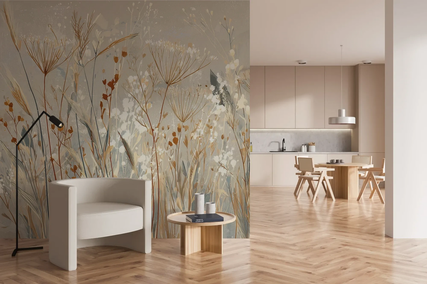 Wzór fototapety SILK MEADOWS - tapeta z delikatnymi trawami w kremowej tonacji pokazanej w aranżacji kuchni.