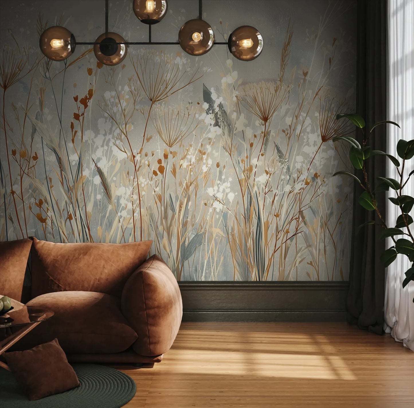Fototapeta SILK MEADOWS - tapeta z delikatnymi trawami w kremowej tonacji pokazana w aranżacji wnętrza z akcentem na ścianie.