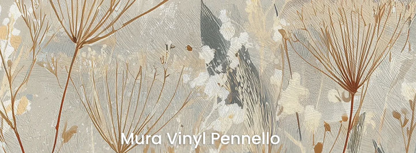 Zbliżenie na fototapetę SILK MEADOWS - tapeta z delikatnymi trawami w kremowej tonacji na podłożu o fakturze pociągnięć pędzla.