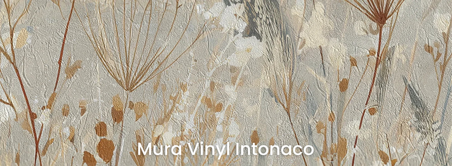 Zbliżenie na fototapetę SILK MEADOWS - tapeta z delikatnymi trawami w kremowej tonacji na podłożu o strukturze tartego tynku.