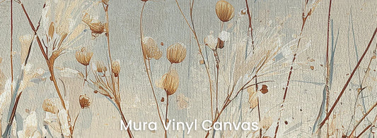 Zbliżenie na fototapetę FLAXEN BALLET - tapeta z jesiennymi trawami w złocistej poświacie na podłożu o fakturze płótna.