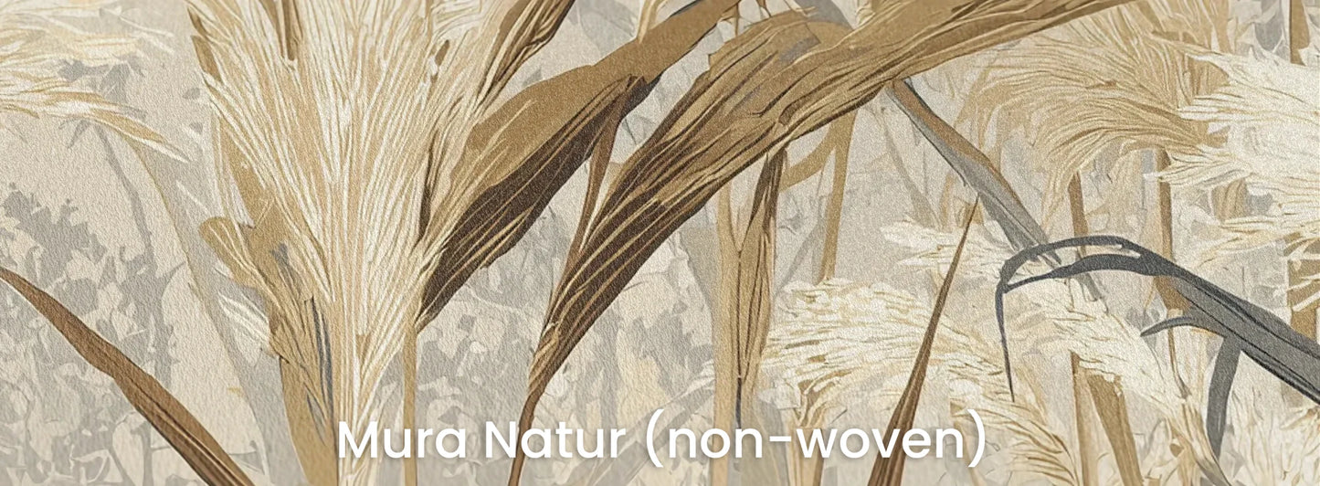 Zbliżenie na fototapetę HARVEST BREEZE - tapeta z jesiennymi trawami pampasowymi na naturalnym podłożu ekologicznym.