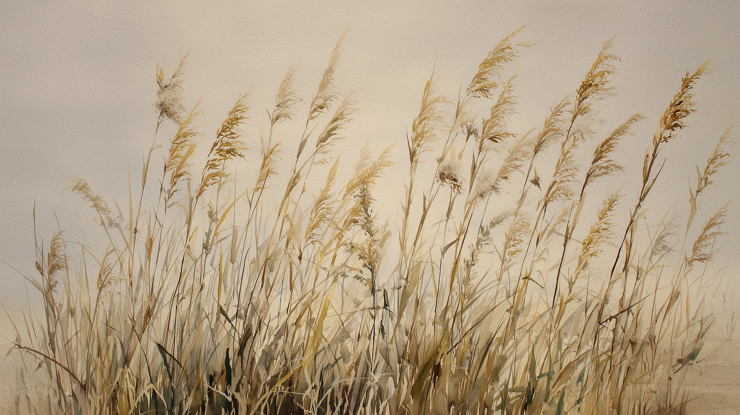 Prezentacja całego wzoru fototapety o nazwie DUNE BALLET - tapeta z beżowymi trawami w naturalnej kompozycji