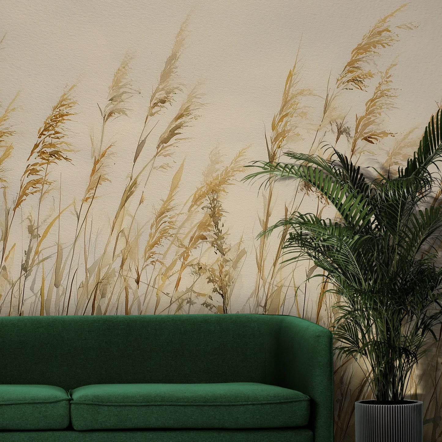 Fototapeta DUNE BALLET - tapeta z beżowymi trawami w naturalnej kompozycji pokazana w aranżacji wnętrza z akcentem na ścianie.