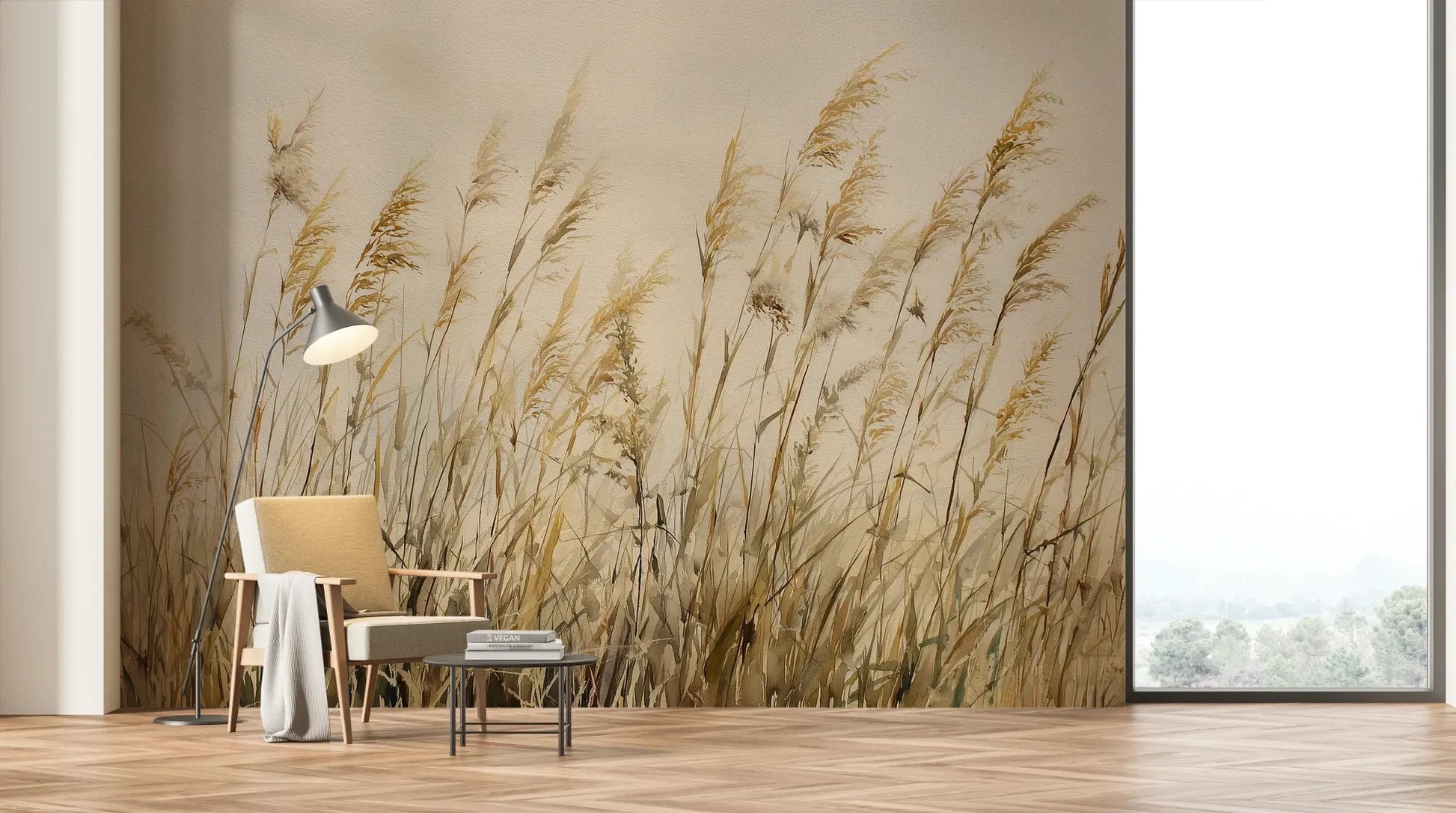 Wzór fototapety DUNE BALLET - tapeta z beżowymi trawami w naturalnej kompozycji pokazanej w aranżacji salonu.