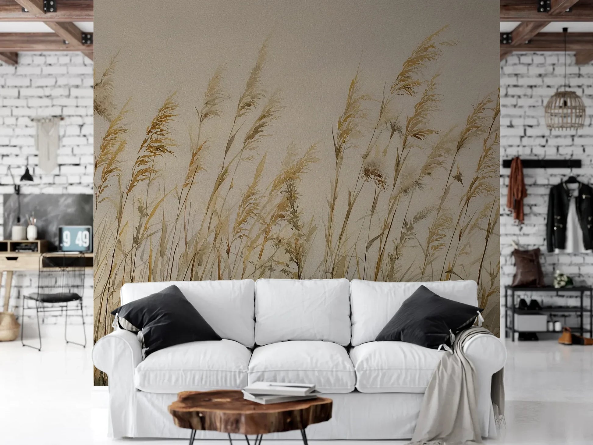 Wzór fototapety DUNE BALLET - tapeta z beżowymi trawami w naturalnej kompozycji pokazanej w aranżacji salonu.
