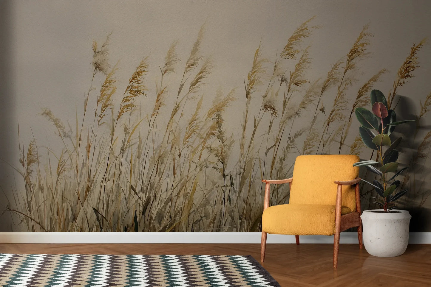 Wzór fototapety DUNE BALLET - tapeta z beżowymi trawami w naturalnej kompozycji pokazanej w aranżacji salonu.
