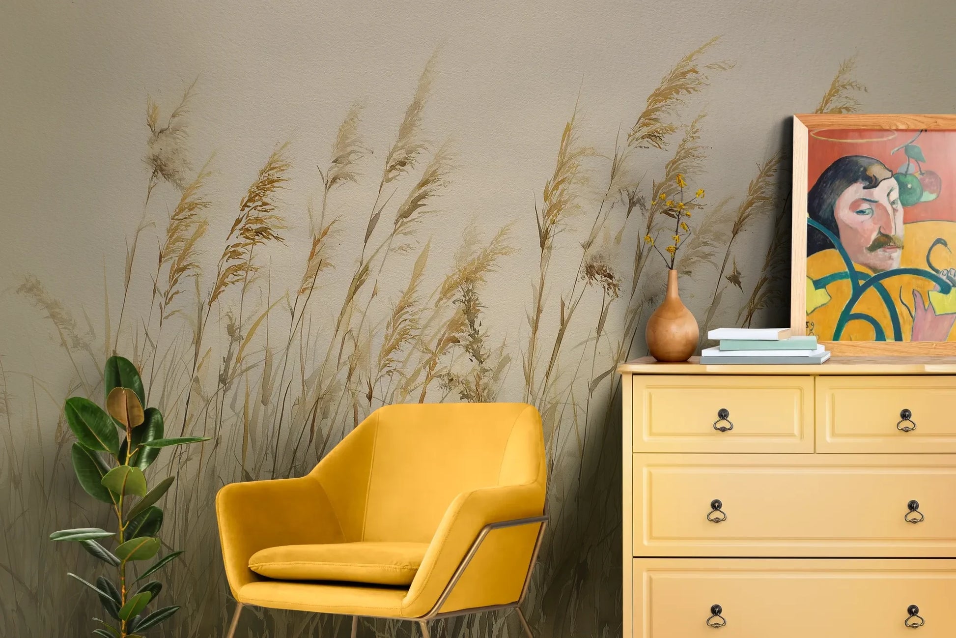 Wzór fototapety DUNE BALLET - tapeta z beżowymi trawami w naturalnej kompozycji pokazanej w aranżacji salonu.