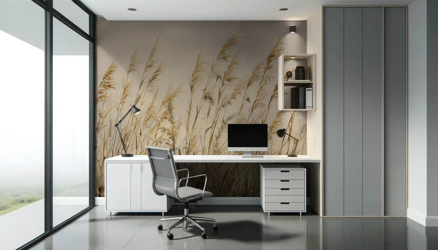 Fototapeta DUNE BALLET - tapeta z beżowymi trawami w naturalnej kompozycji pokazana w aranżacji biura.